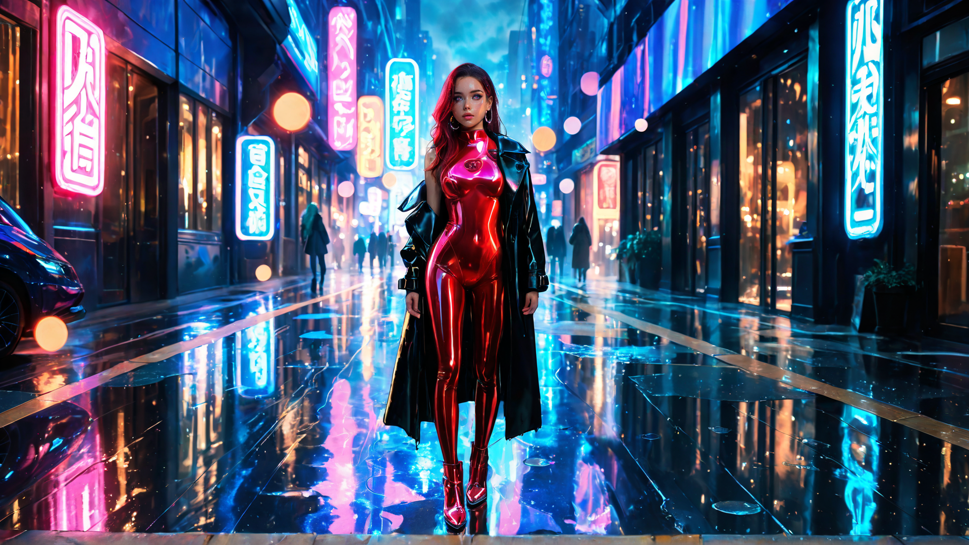 AI generated wallpaper featuring woman, neon, city