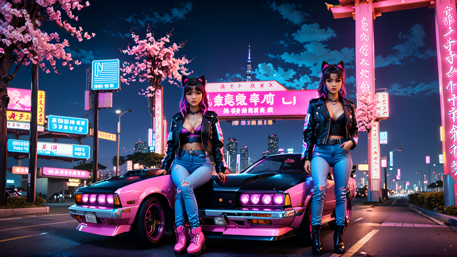 AI generated wallpaper featuring girls, car, cherry blossoms