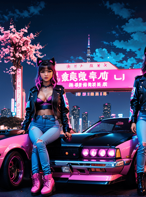 girls, car, cherry blossoms