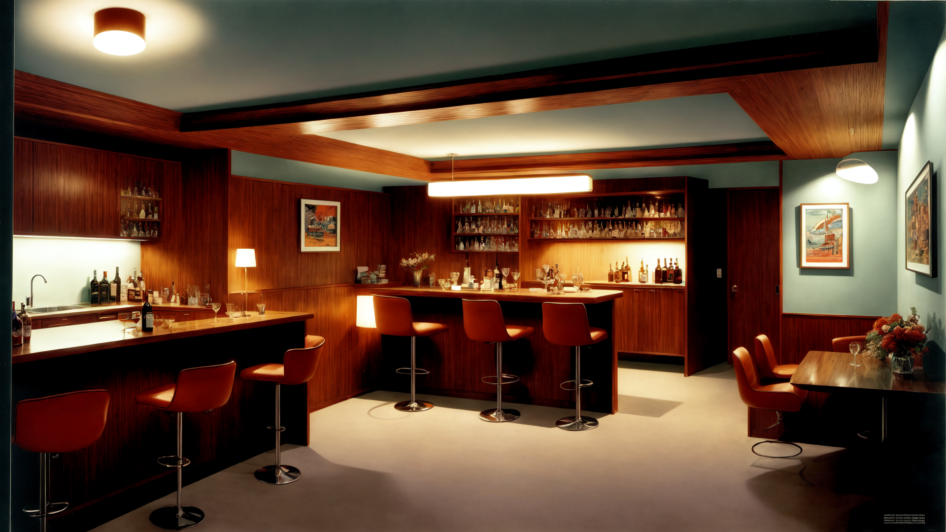 AI generated wallpaper featuring bar, barstool, wine, bottle, glass, table, chair, picture, cabinet, light