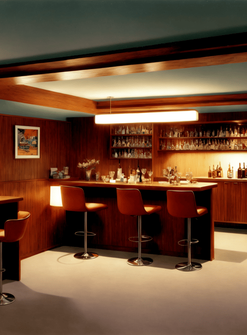 bar, barstool, wine, bottle, glass, table, chair, picture, cabinet, light