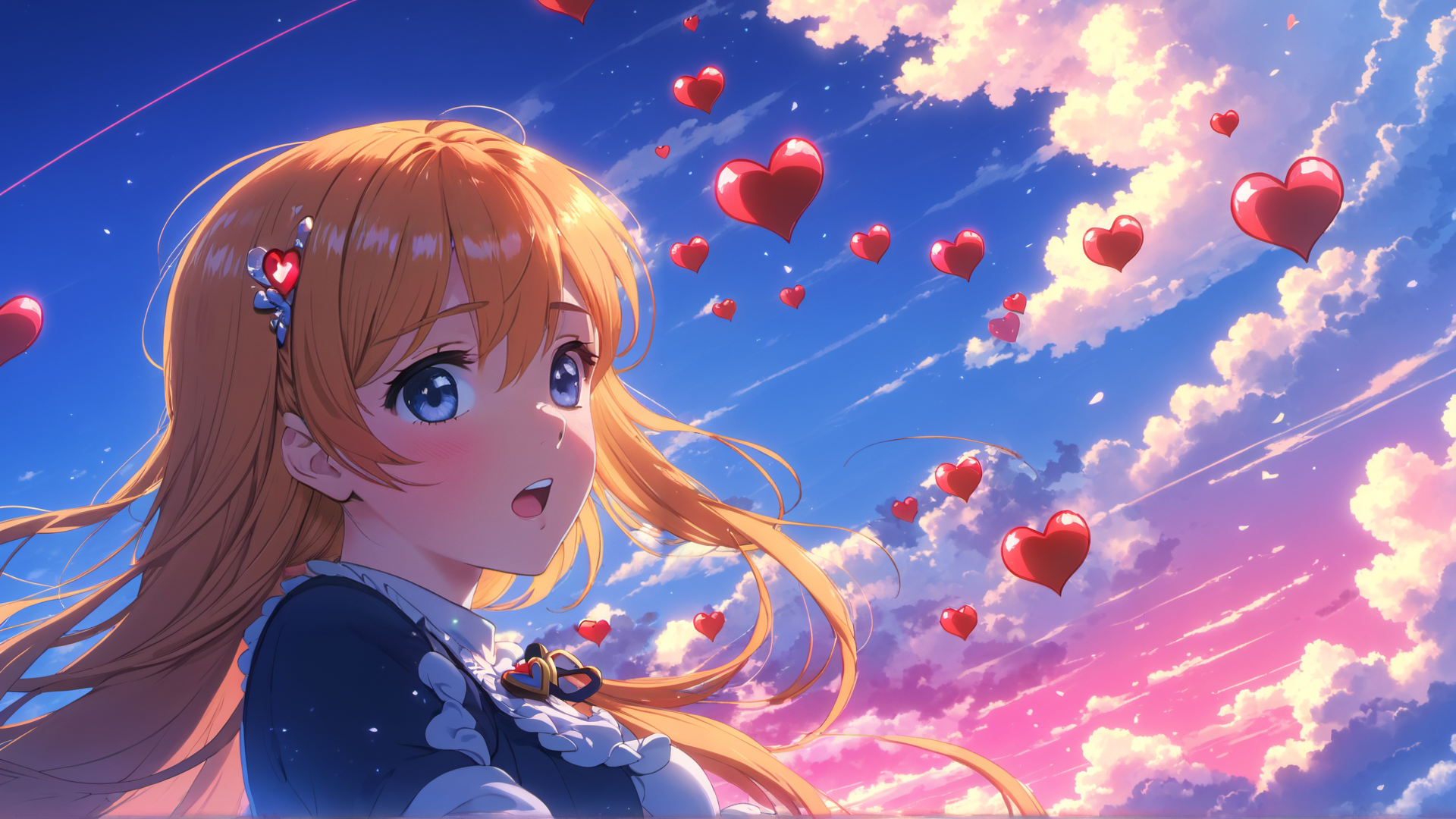 AI generated wallpaper featuring girl, hearts, sky