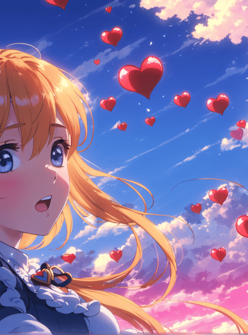 girl, hearts, sky