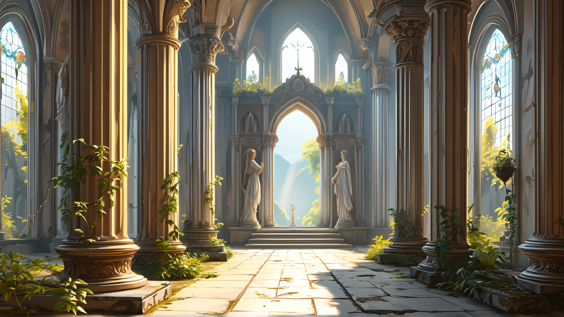AI generated wallpaper featuring columns, statues, stained glass, plants, archway, stone floor, light, garden, church interior, sunlight