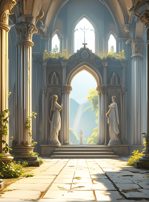 columns, statues, stained glass, plants, archway, stone floor, light, garden, church interior, sunlight
