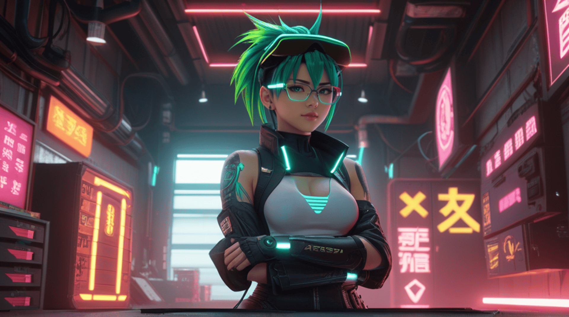 AI generated wallpaper featuring cyberpunk, woman, goggles
