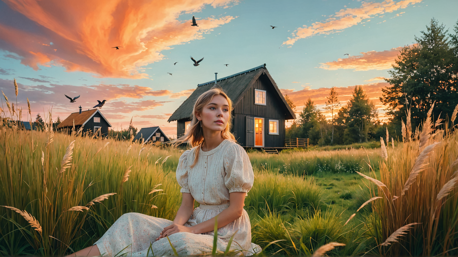 AI generated wallpaper featuring woman, house, field