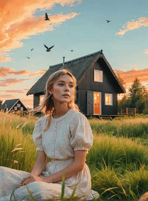 woman, house, field