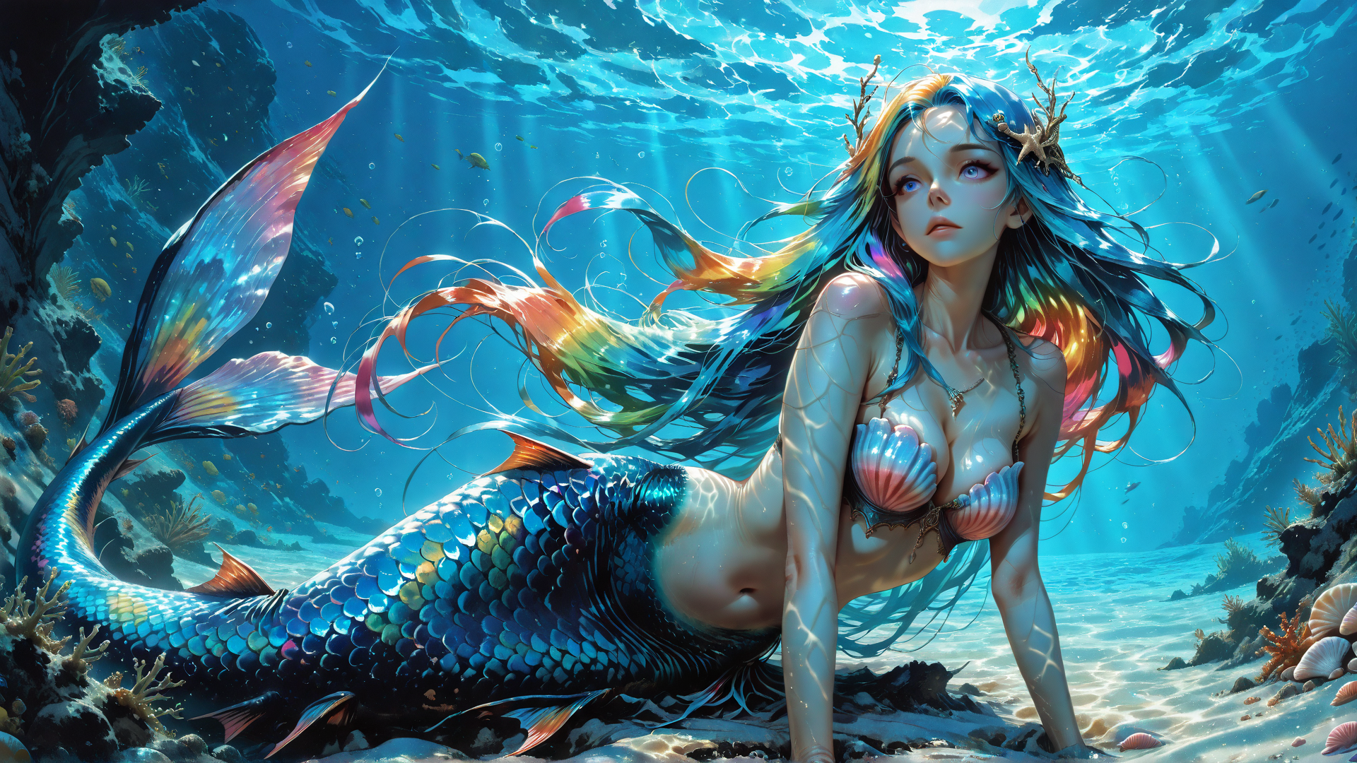AI generated wallpaper featuring mermaid, fish, coral, seahorse, starfish, reef, sand, seaweed, bubble, sunlight