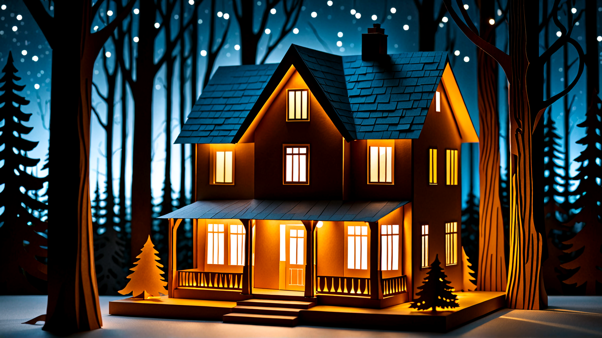 AI generated wallpaper featuring house, trees, light, porch, window, forest, christmas tree, stars, night, steps