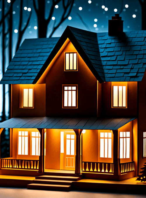 house, trees, light, porch, window, forest, christmas tree, stars, night, steps
