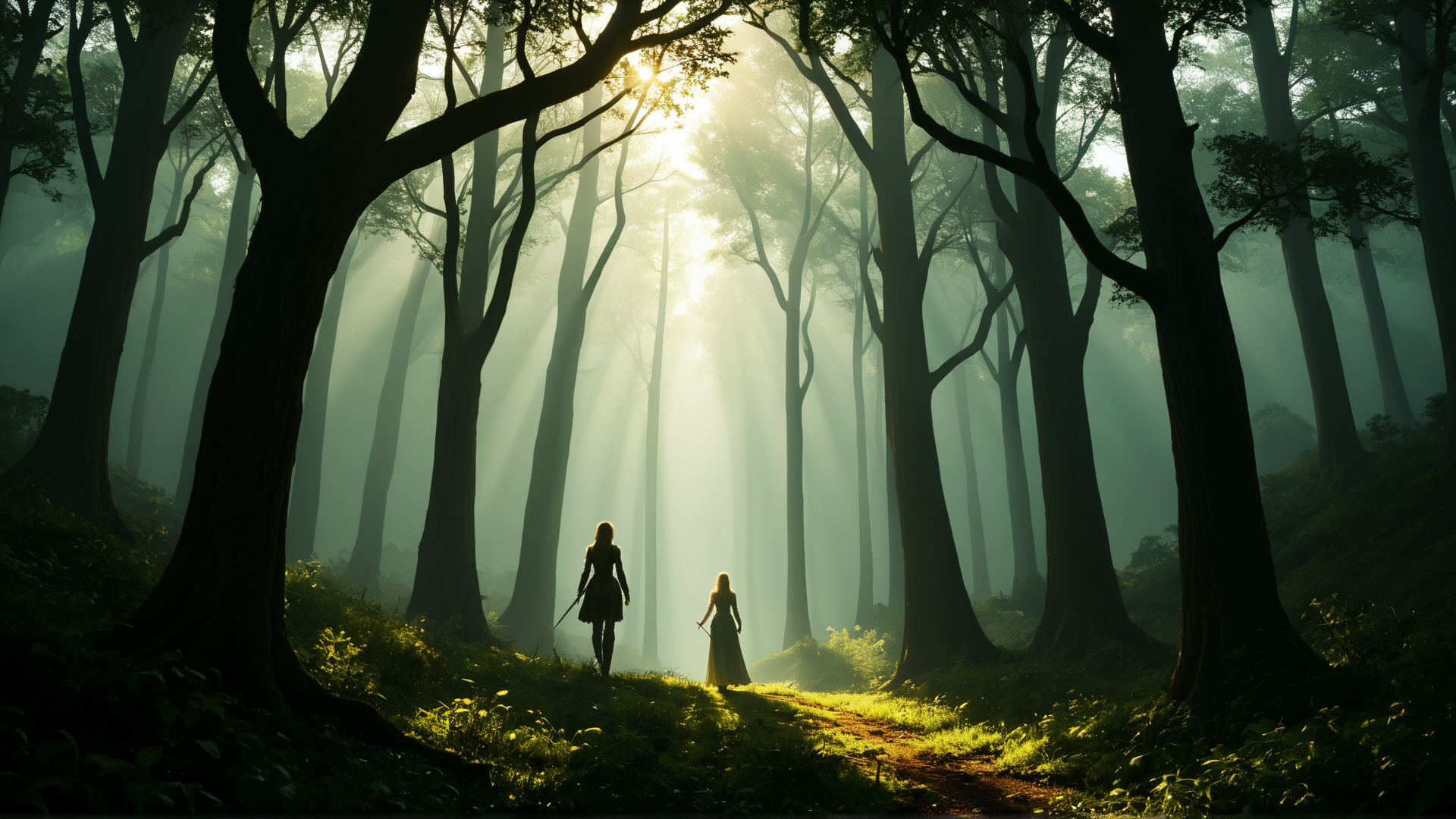 AI generated wallpaper featuring women, trees, forest, sunlight, path