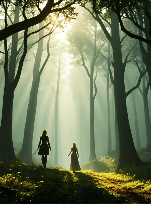 women, trees, forest, sunlight, path