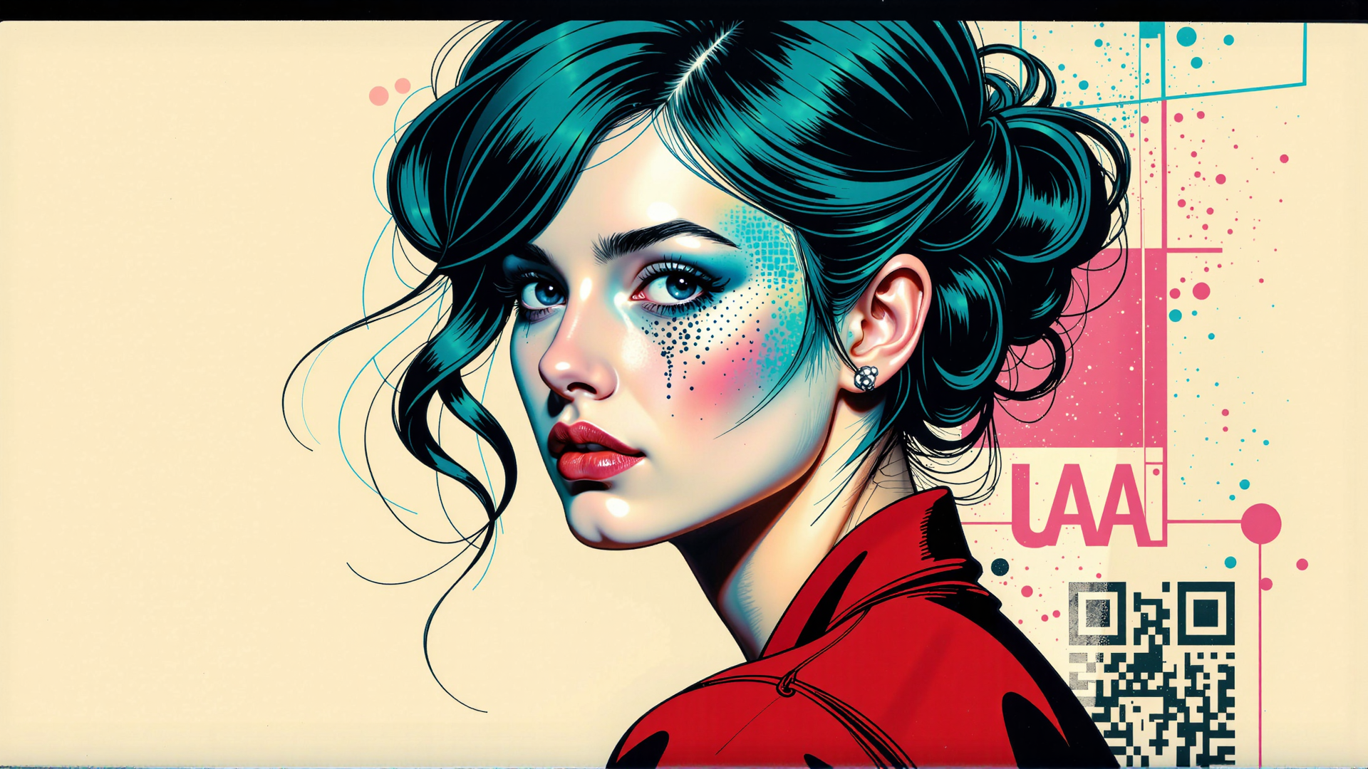 AI generated wallpaper featuring woman, hair, earring, shirt, face, dots, qr code
