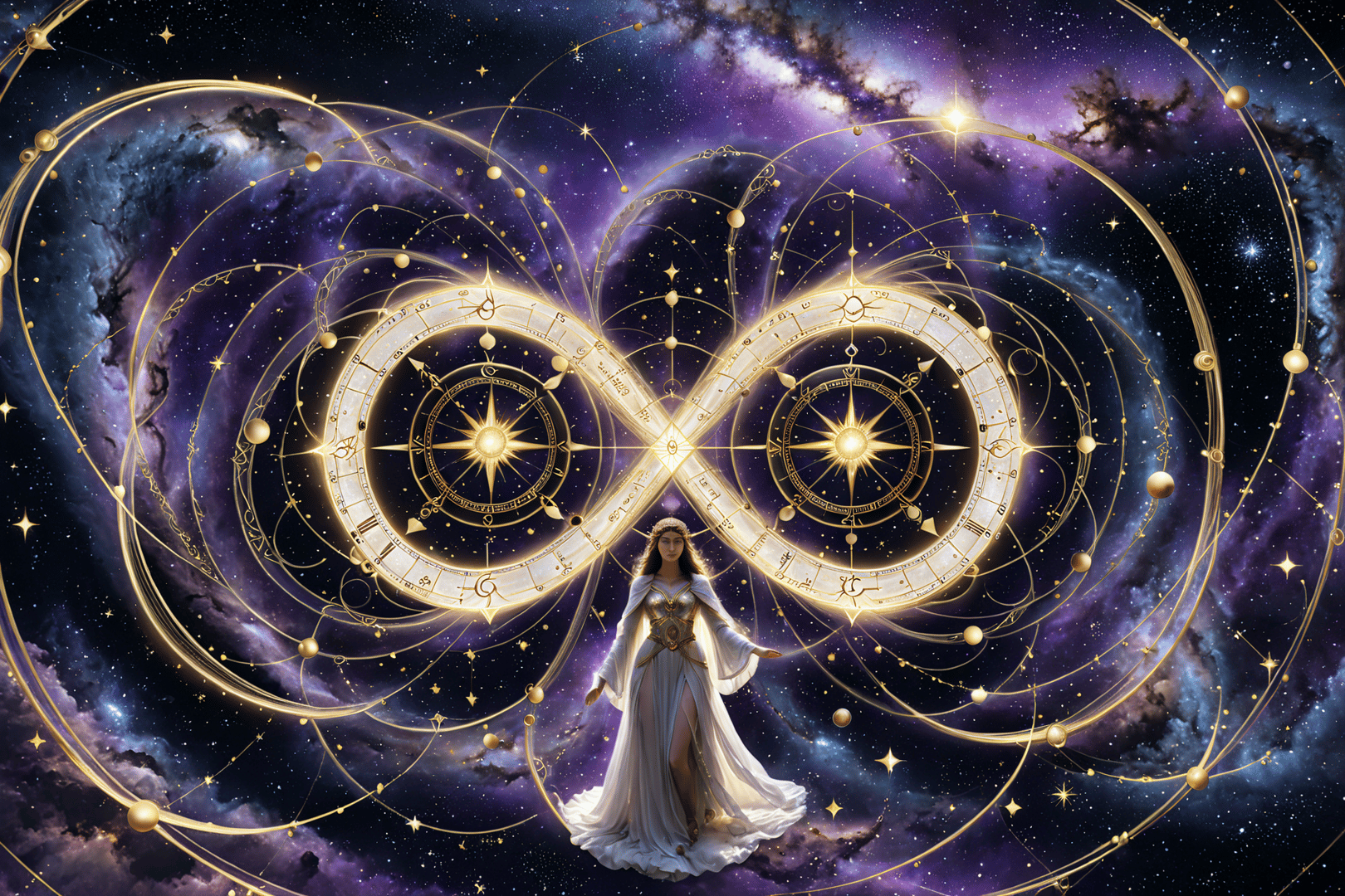 AI generated wallpaper featuring woman, infinity symbol, cosmic clock