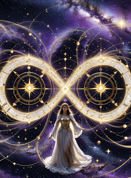 woman, infinity symbol, cosmic clock