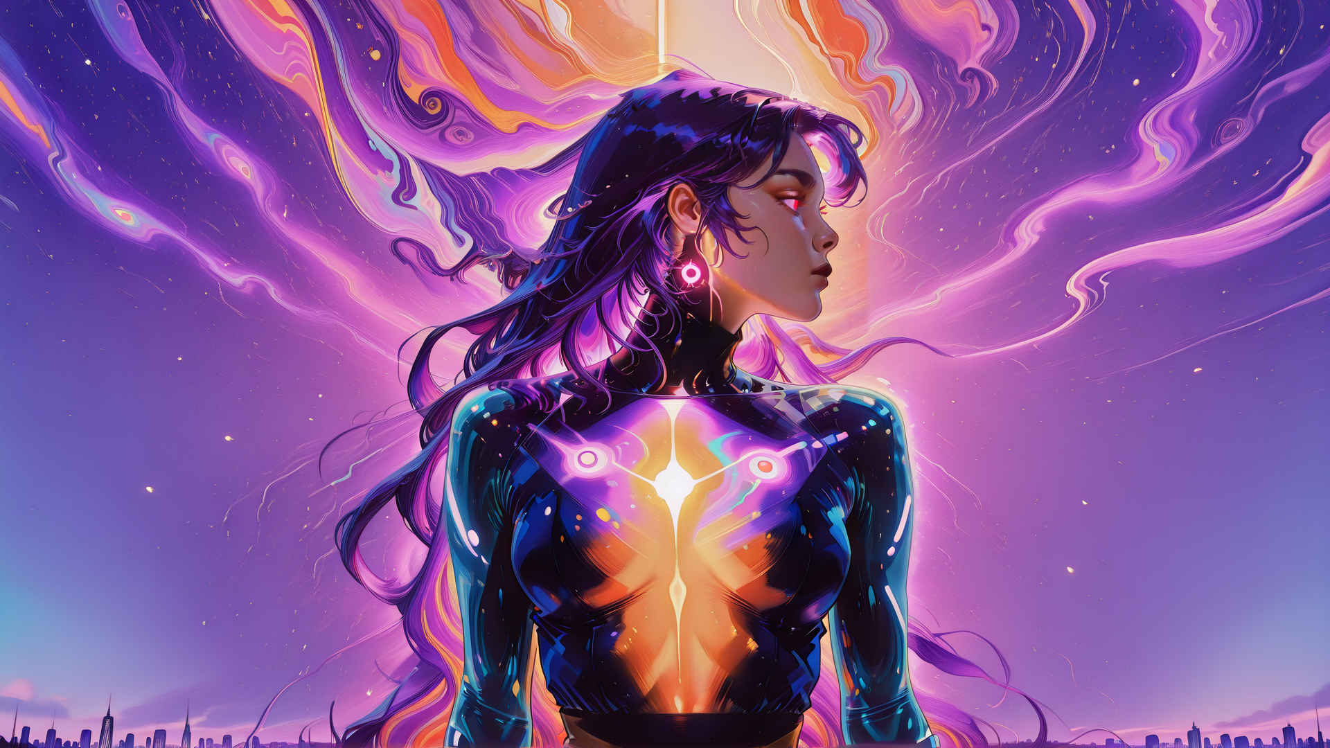 AI generated wallpaper featuring woman, neon, glowing, cyberpunk, portrait
