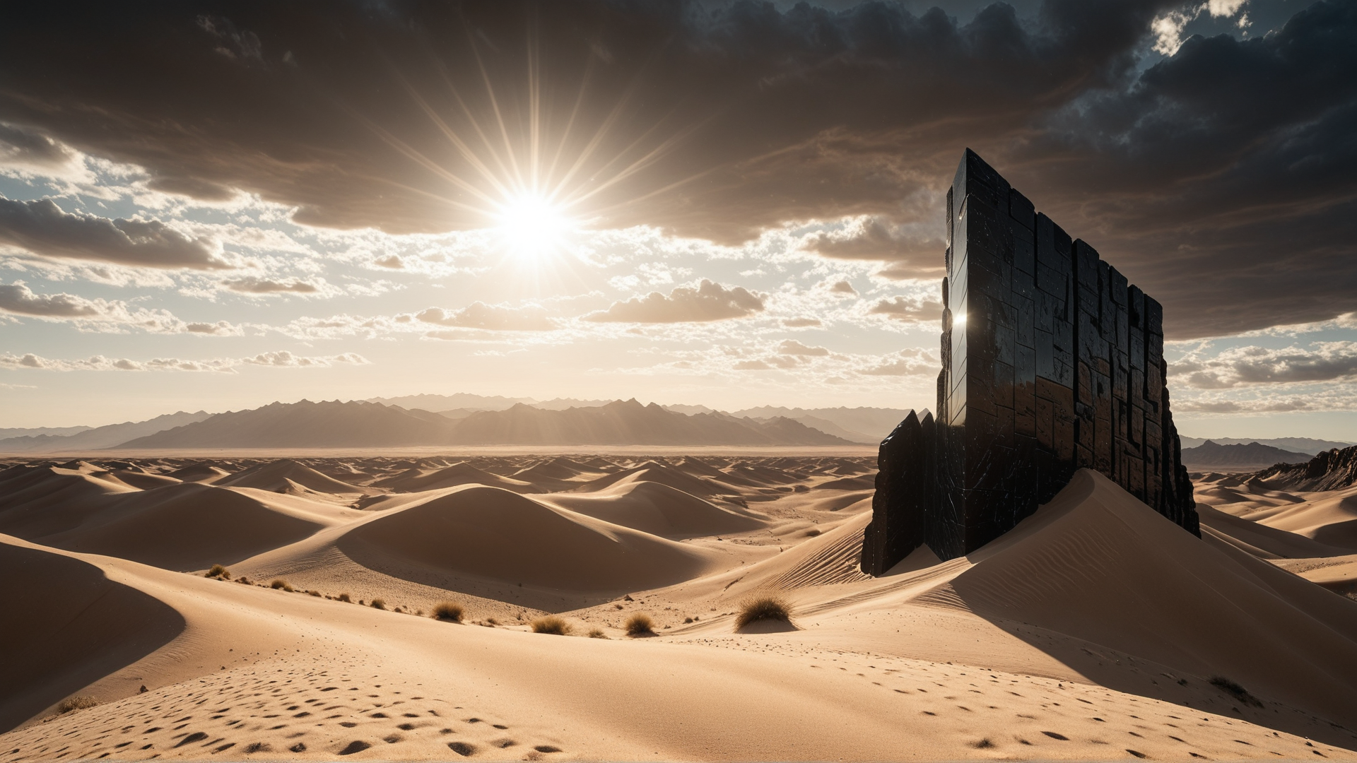 AI generated wallpaper featuring desert, sand dunes, sun, clouds, rock structure, mountains