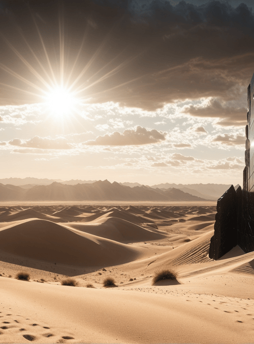 desert, sand dunes, sun, clouds, rock structure, mountains