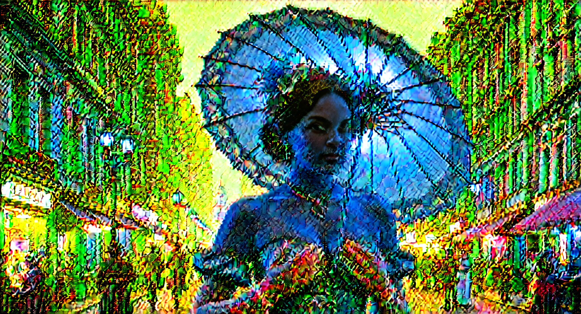 AI generated wallpaper featuring woman, umbrella, trees