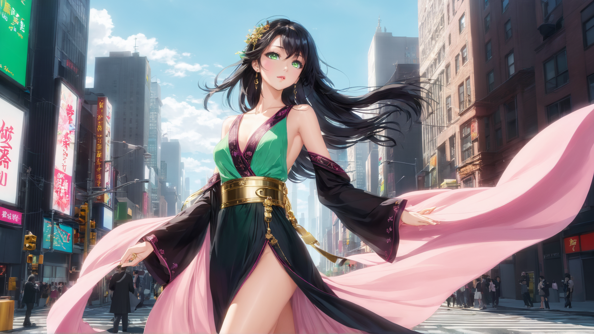 AI generated wallpaper featuring woman, city, banner