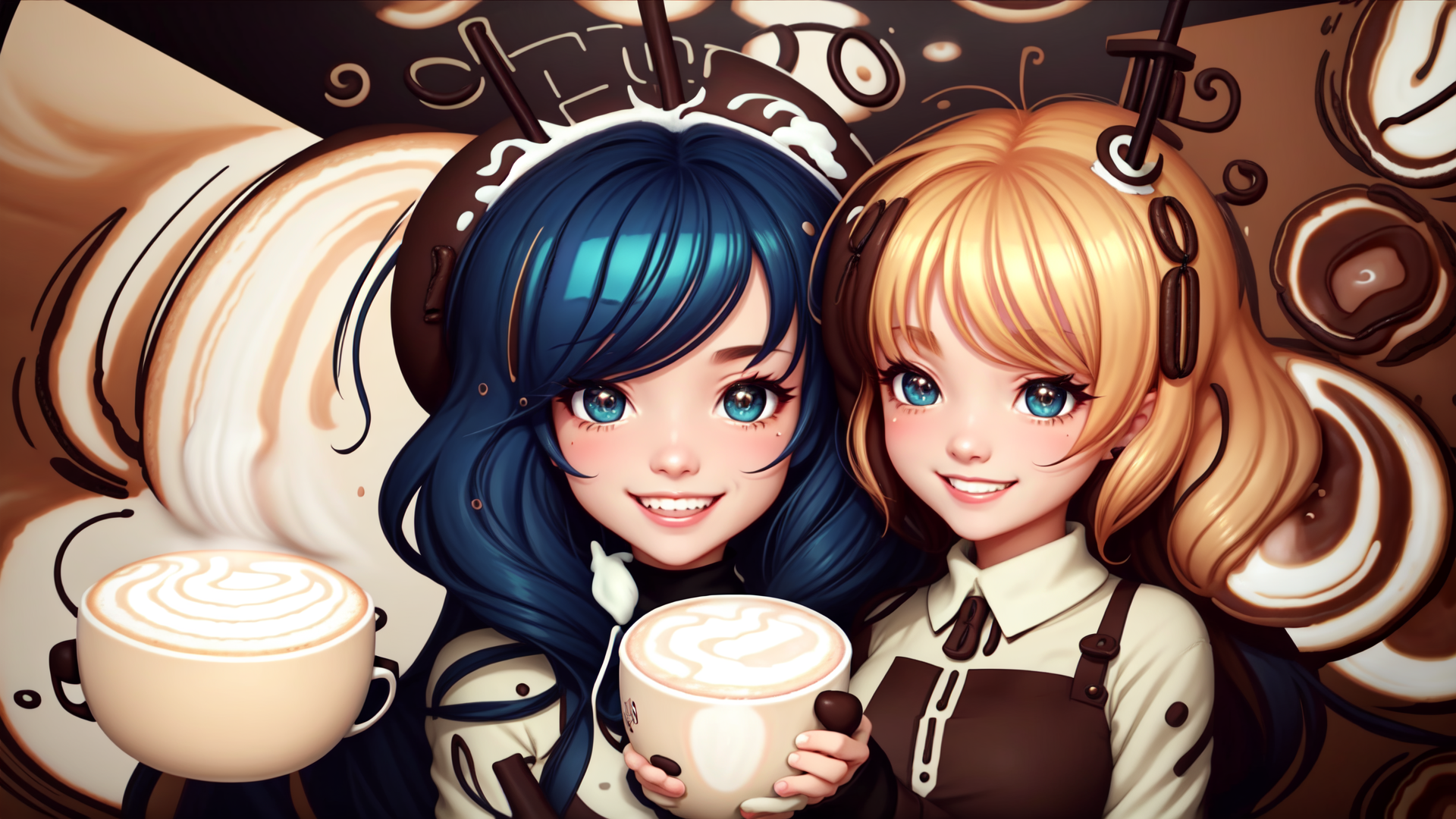AI generated wallpaper featuring girls, coffee, cappuccino, milk, chocolate, straw, apron, cup