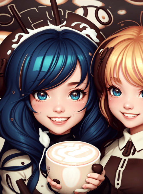 girls, coffee, cappuccino, milk, chocolate, straw, apron, cup