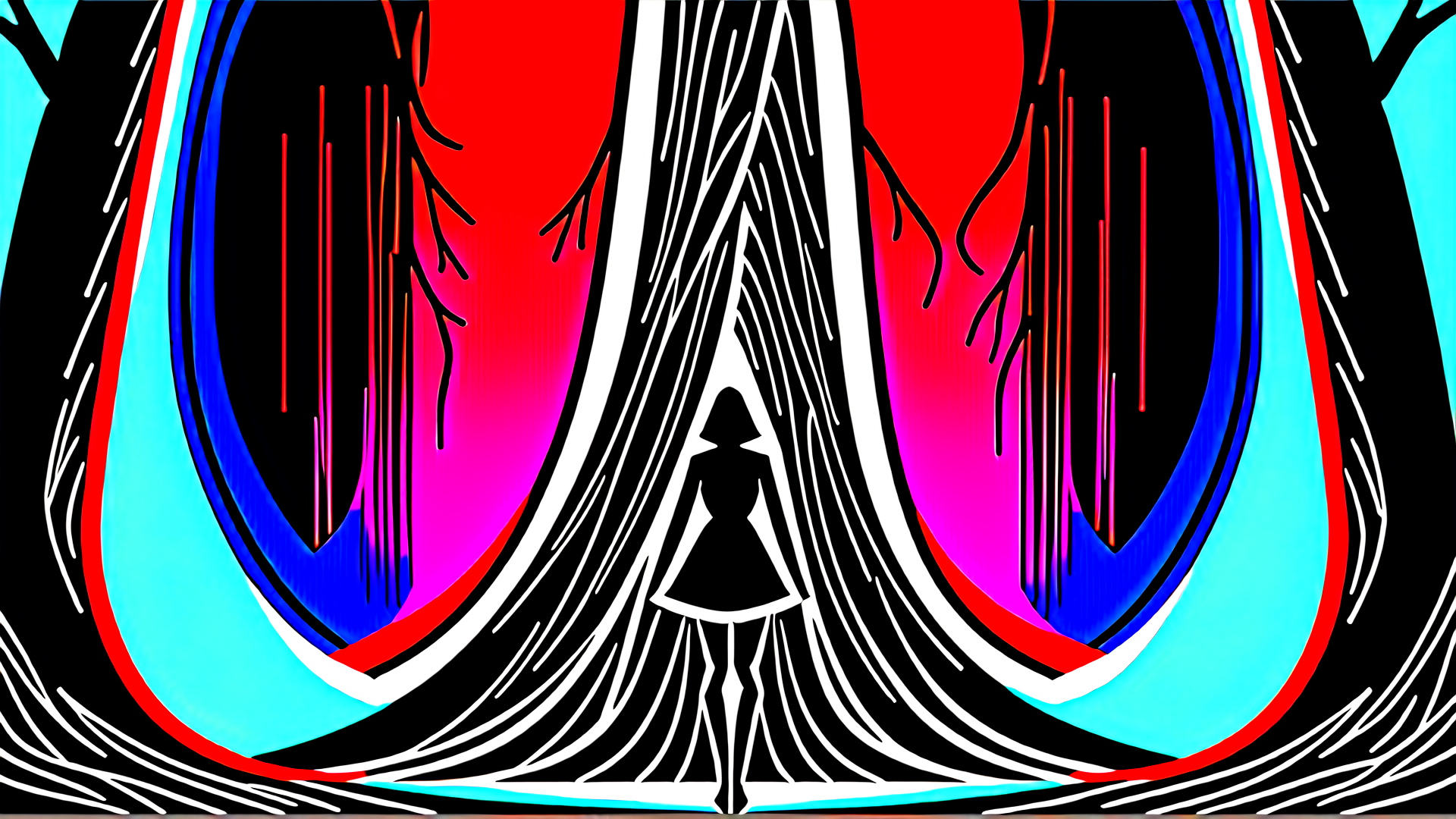 AI generated wallpaper featuring silhouette, woman, trees, curves
