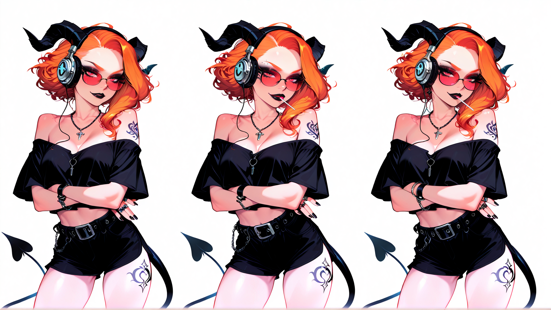 AI generated wallpaper featuring woman, devil, music, headphones, tattoo, glasses