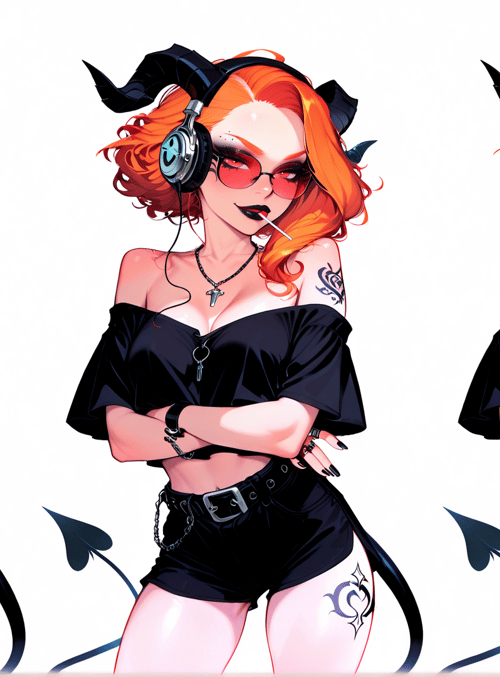 woman, devil, music, headphones, tattoo, glasses