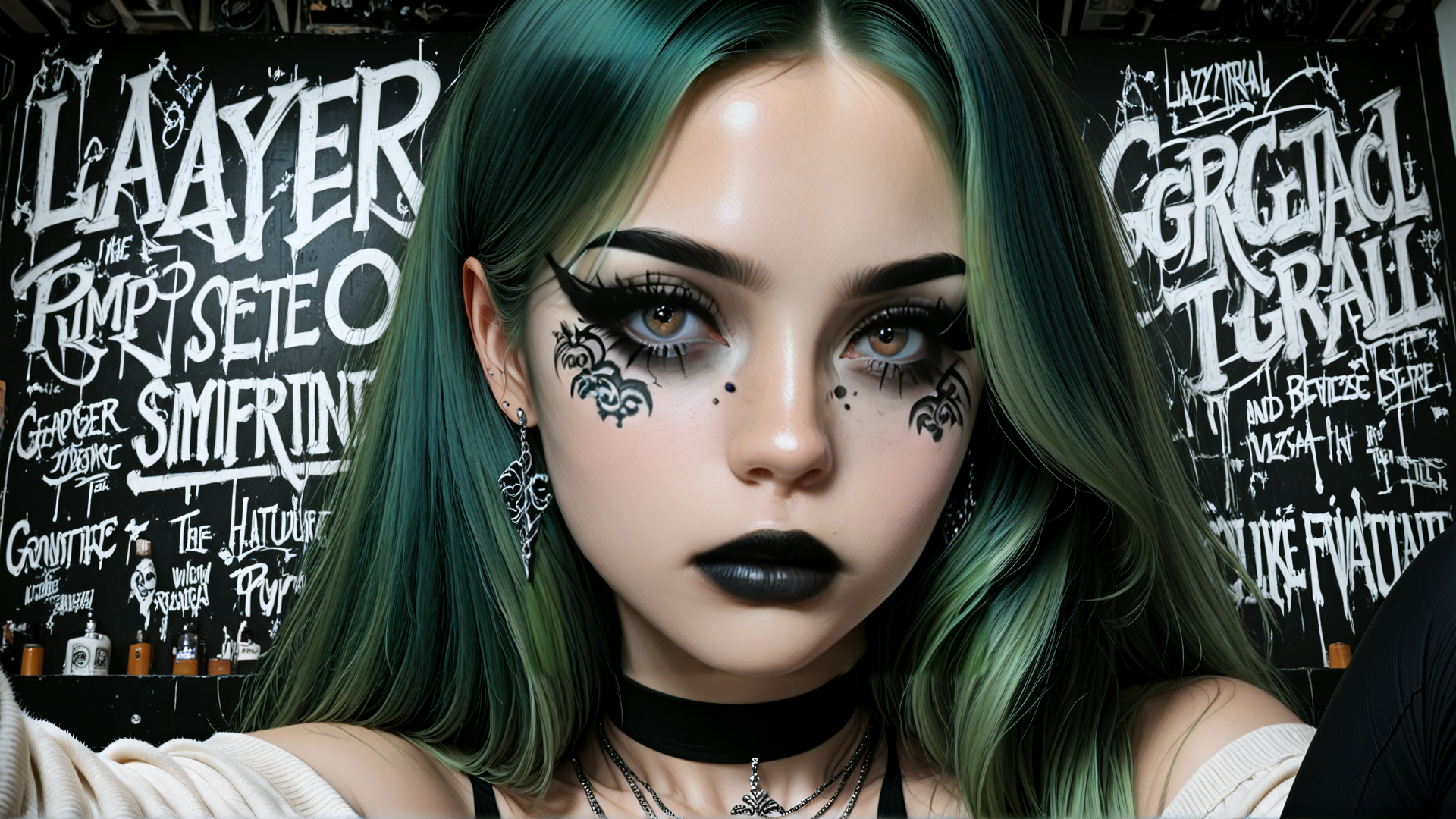 AI generated wallpaper featuring girl, graffiti, hair, face, earrings, choker, chains