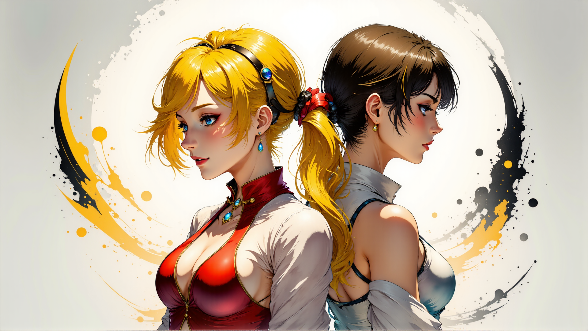 AI generated wallpaper featuring women, characters, anime, figures, art, illustration, characters, fashion, hair, accessories