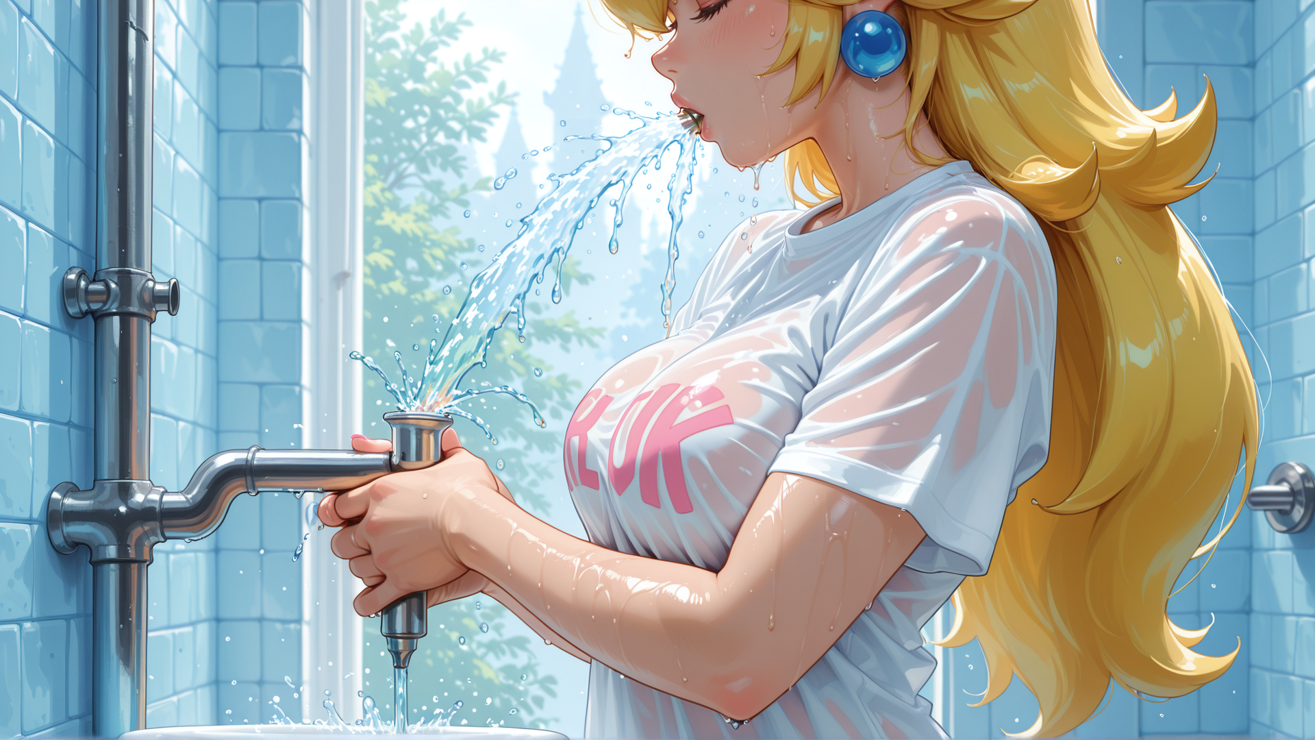 AI generated wallpaper featuring woman, princess, water, taps, tiles, earrings, shirt, hair, water droplets, window
