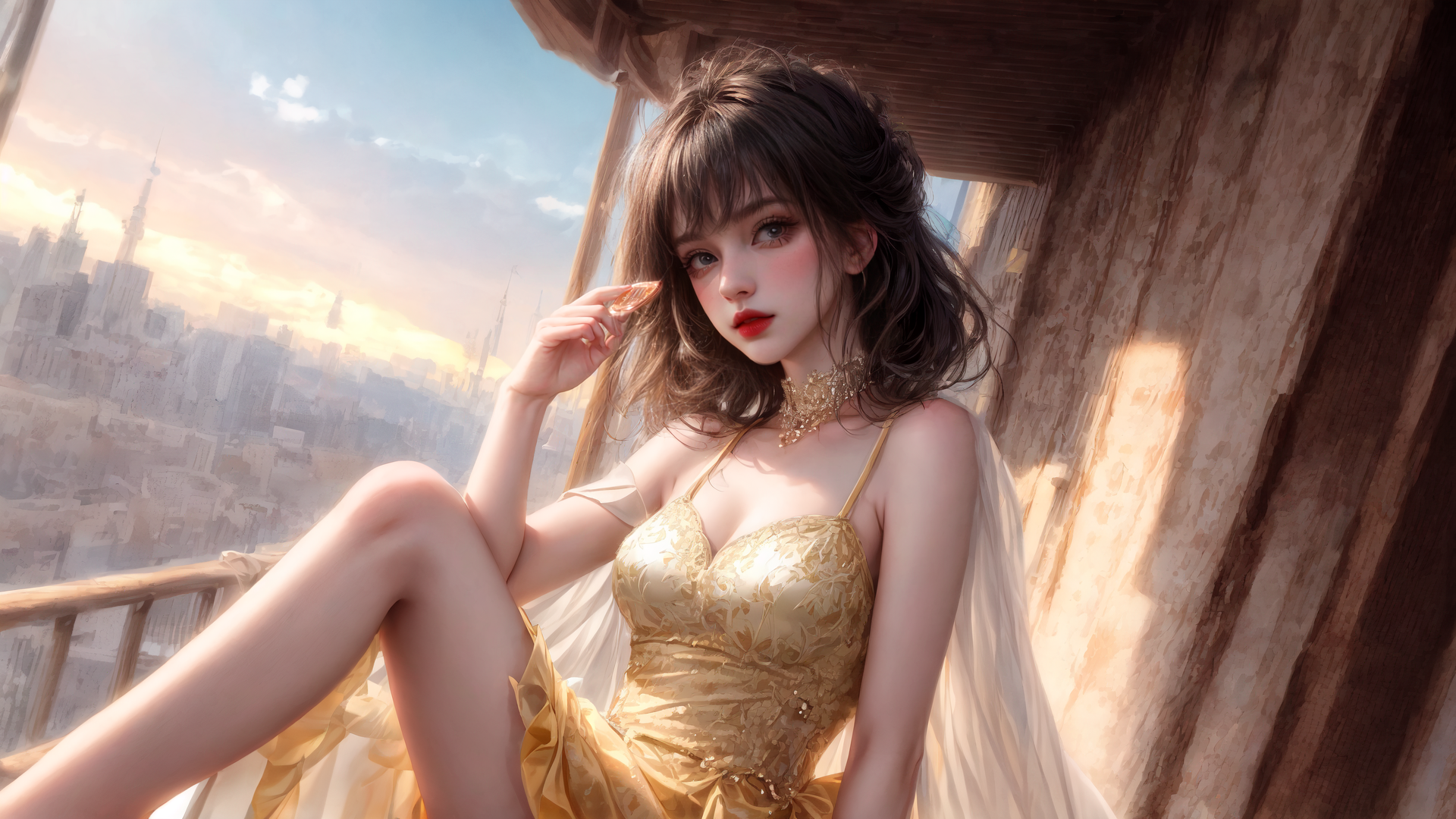 AI generated wallpaper featuring woman, cityscape, balcony