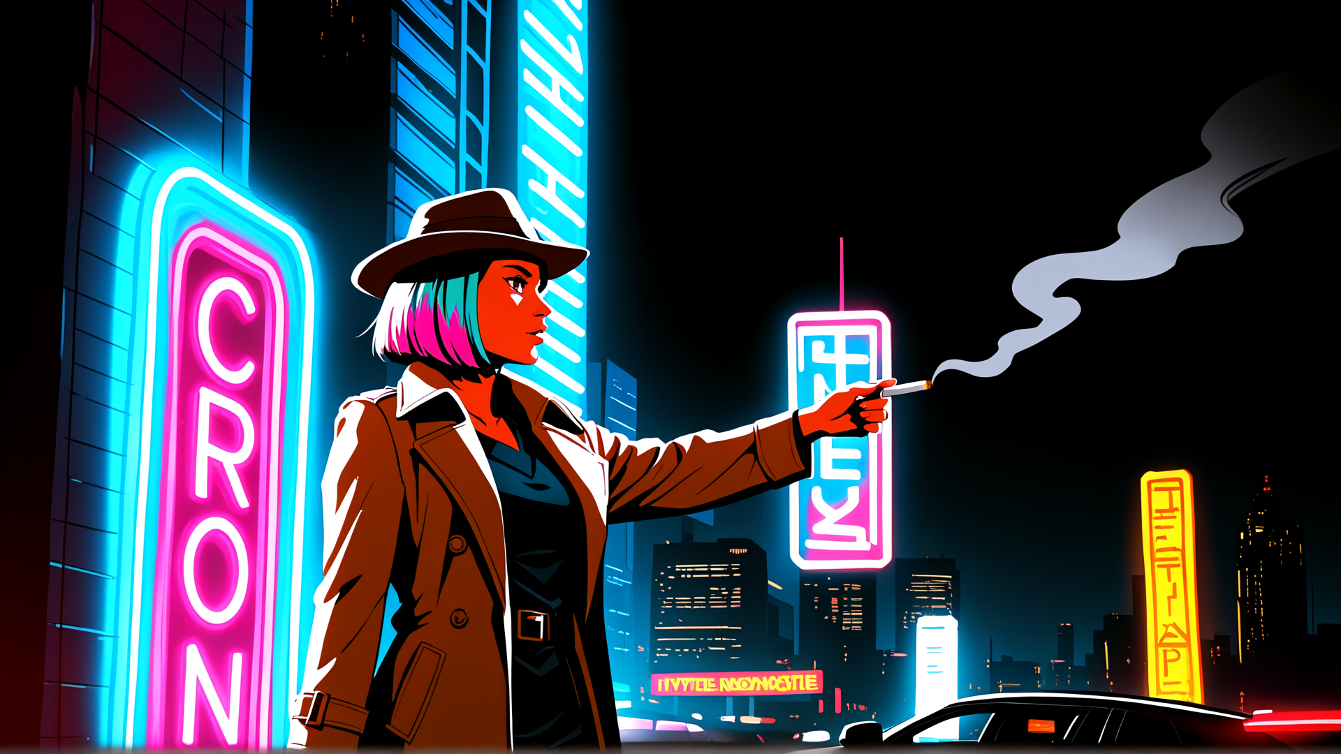 AI generated wallpaper featuring woman, neon sign, cityscape, car, cigarette, hat, coat, building