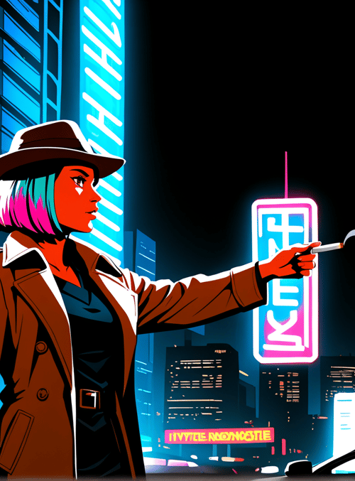 woman, neon sign, cityscape, car, cigarette, hat, coat, building