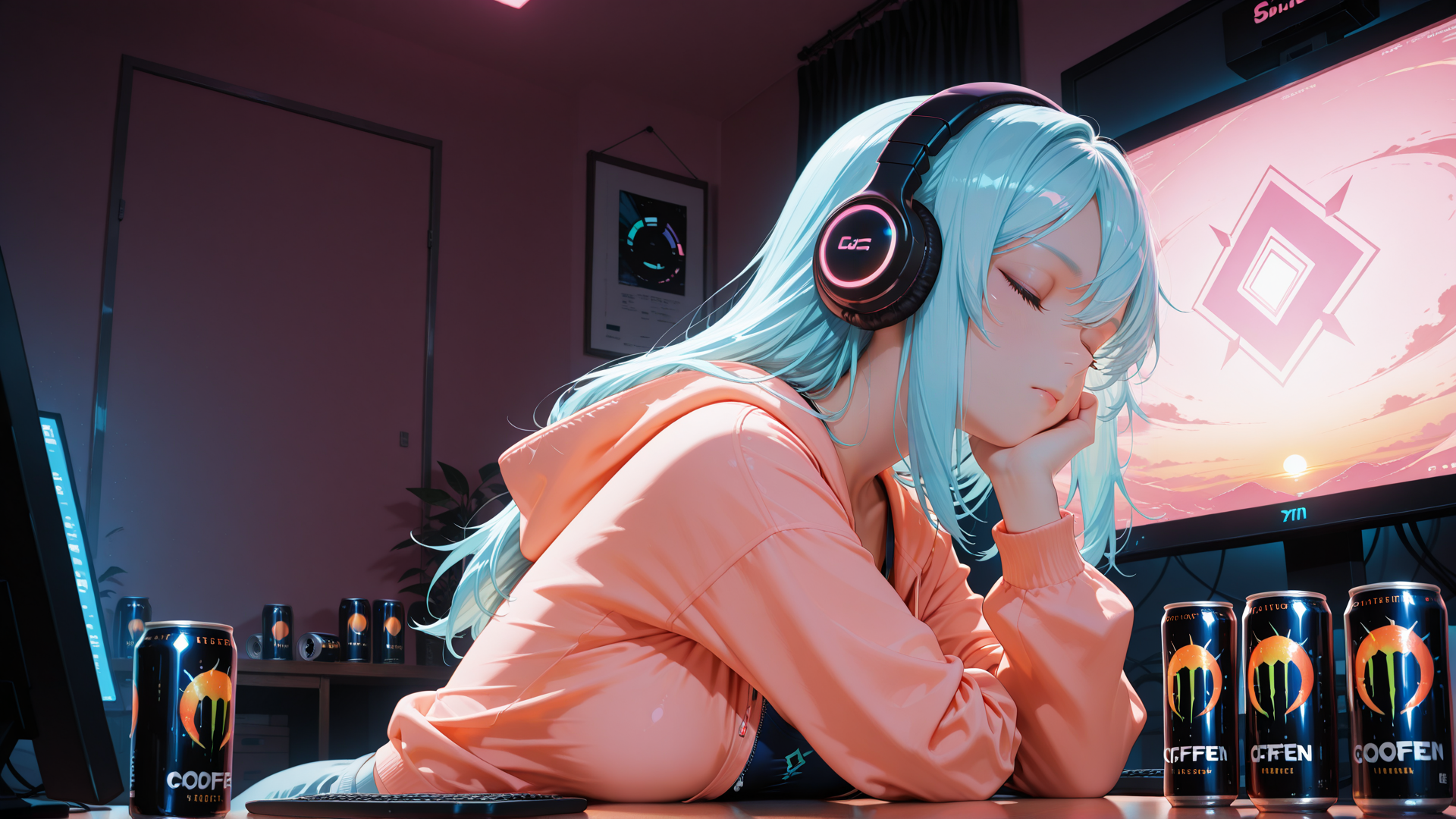 AI generated wallpaper featuring girl, headphones, monitor, can, room