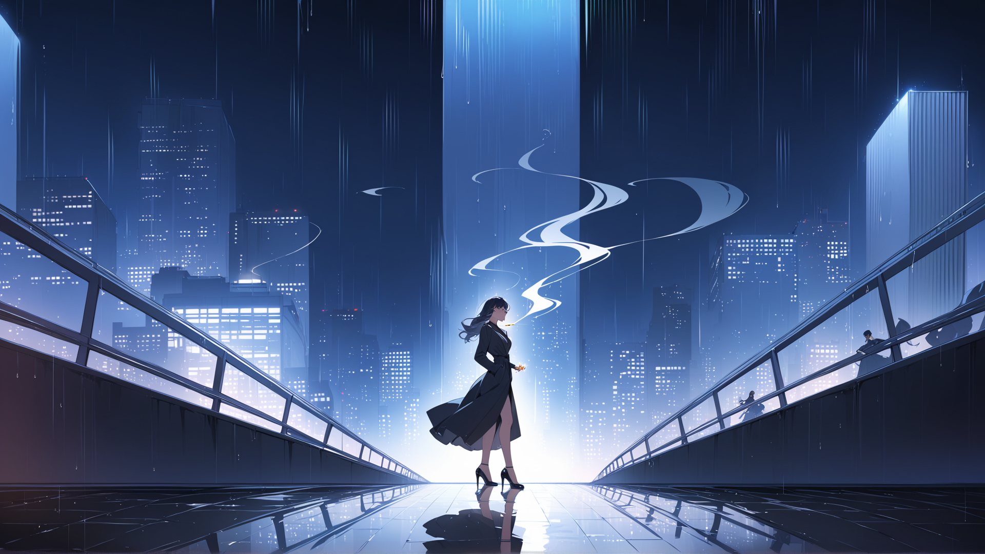 AI generated wallpaper featuring woman, cityscape, rain
