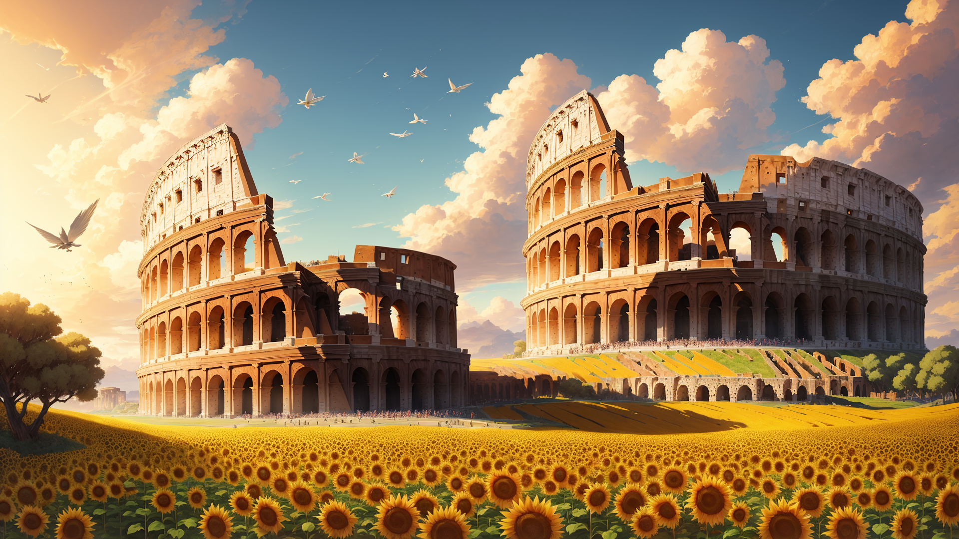 AI generated wallpaper featuring colosseum, sunflowers, birds
