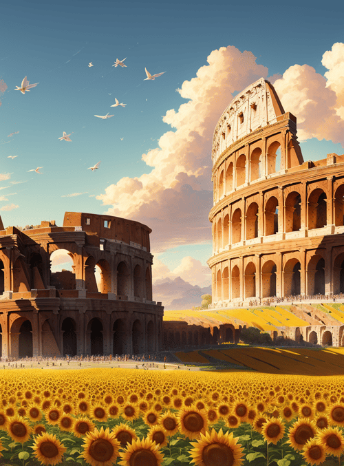 colosseum, sunflowers, birds