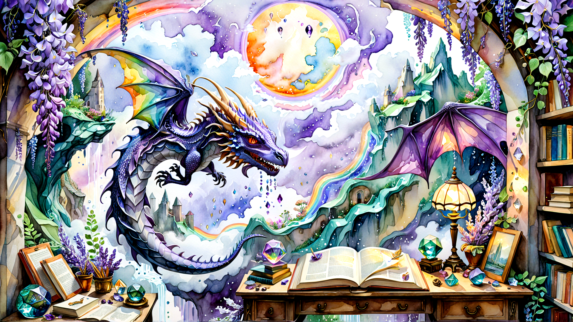 AI generated wallpaper featuring dragon, book, library, castle, rainbow, crystals, violet, lamp, flowers, mountain