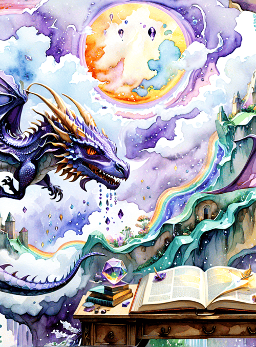 dragon, book, library, castle, rainbow, crystals, violet, lamp, flowers, mountain