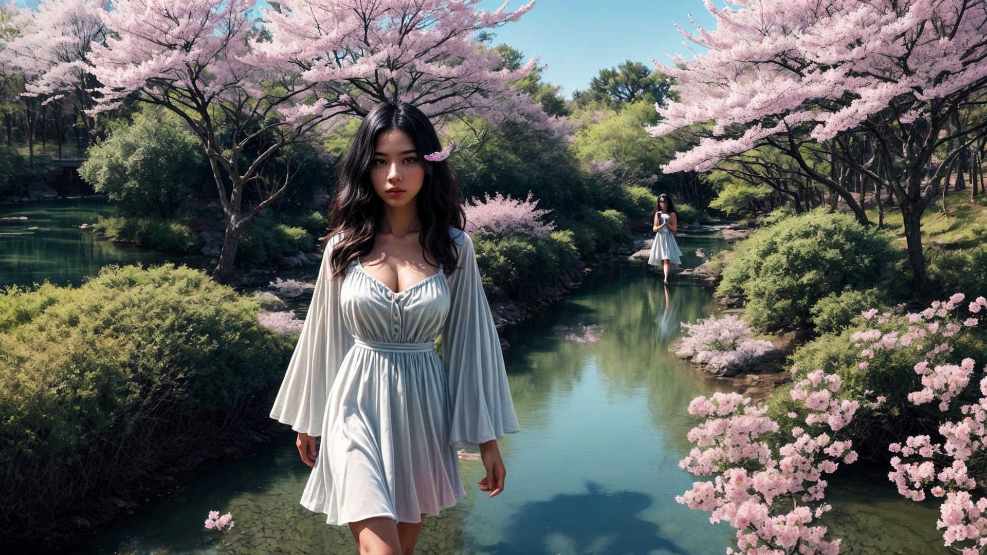AI generated wallpaper featuring woman, cherry blossom, river