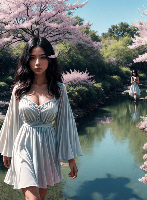 woman, cherry blossom, river