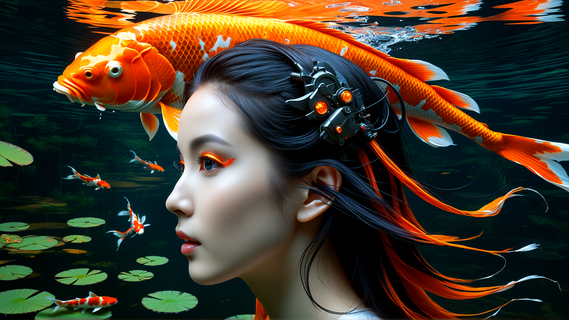AI generated wallpaper featuring girl, koi fish, lily pad, cybernetic headpiece