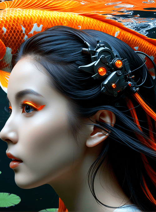 girl, koi fish, lily pad, cybernetic headpiece
