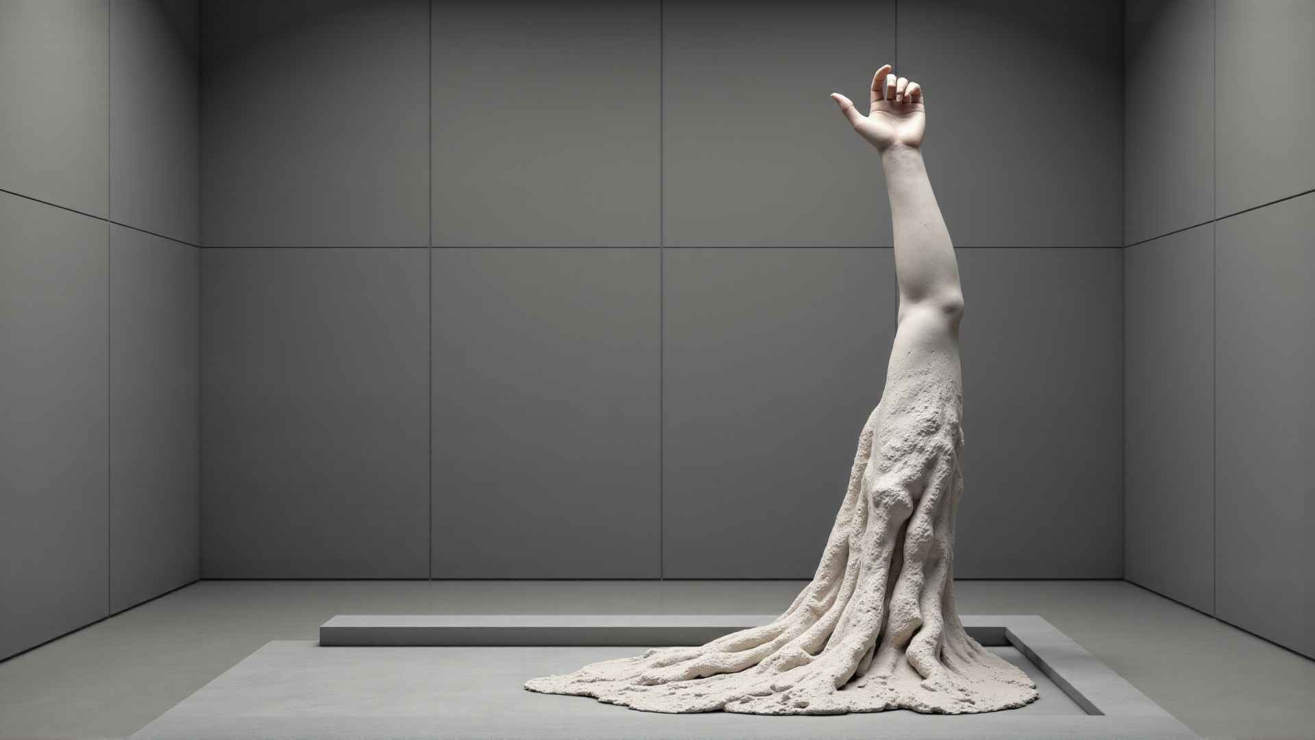 AI generated wallpaper featuring hand, arm, statue, tree, root, armature, skeleton, concrete, room, art