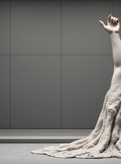 hand, arm, statue, tree, root, armature, skeleton, concrete, room, art