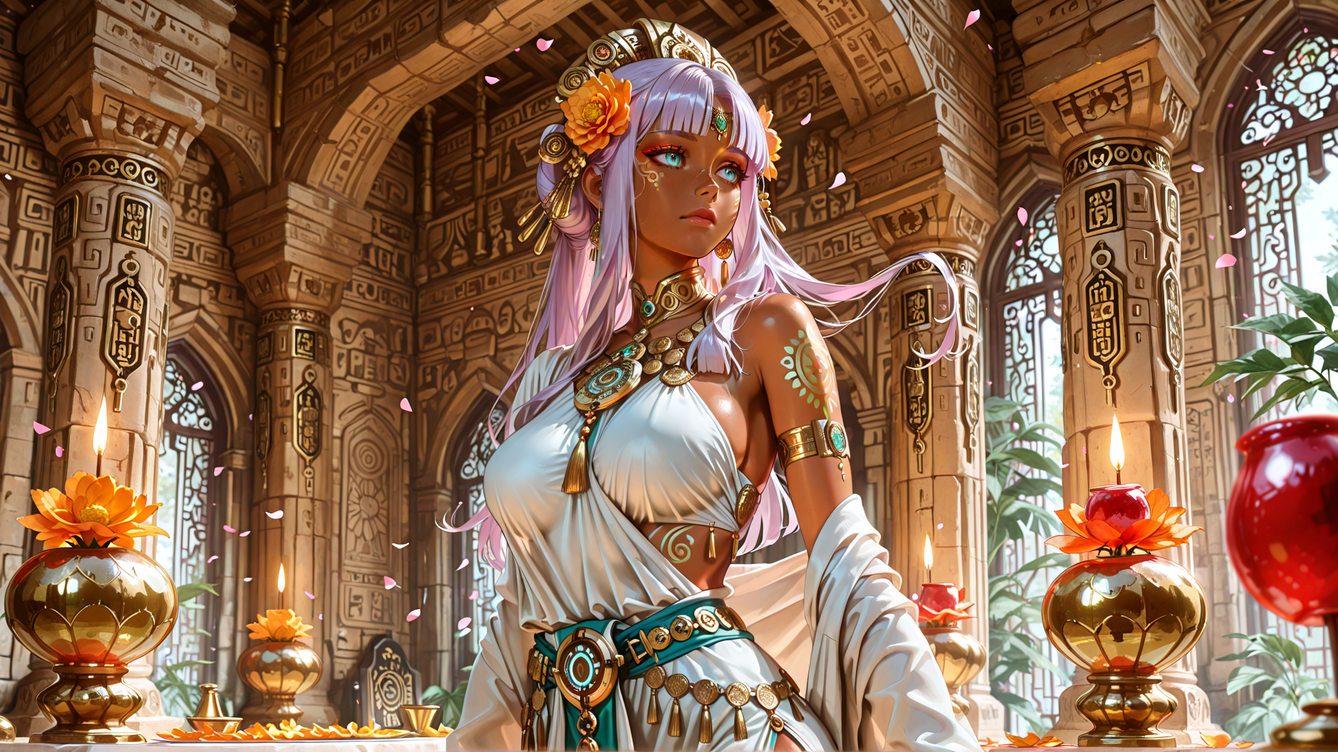 AI generated wallpaper featuring woman, ancient temple, jewelry, lotus, candles, columns, decorative patterns, silk garment, flower crown, tassels