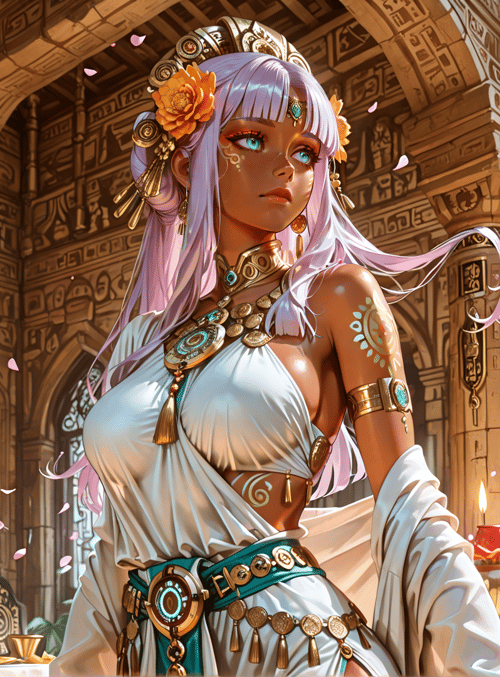 woman, ancient temple, jewelry, lotus, candles, columns, decorative patterns, silk garment, flower crown, tassels